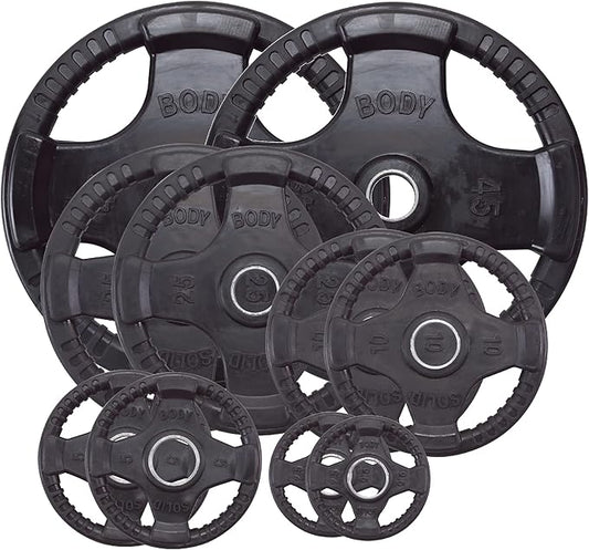 Body-Solid Quad Grip Design Rubber Plate - Olympic Weight Plates, Set with Rubber Coating, Dumbbell & Bumper Weights for Barbell