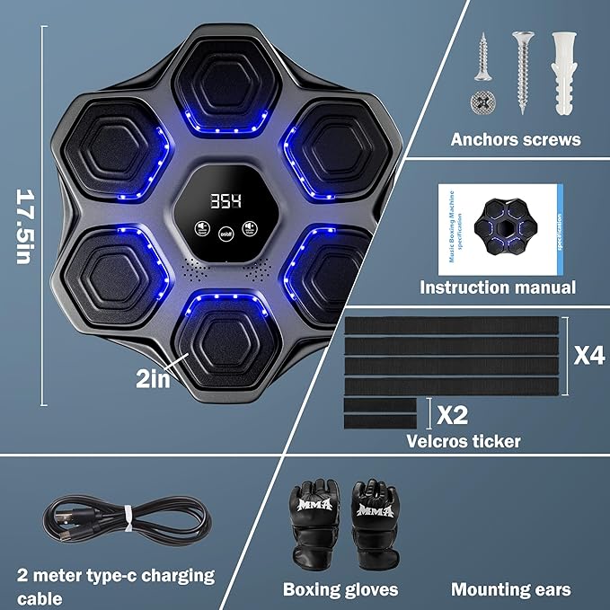 Music Boxing Machine, Wall Mounted Boxing Machine for Adults Kids, Bluetooth Smart Boxing Trainer with Boxing Gloves, Electronic Boxing Workout Equipment Target for Home Gym, 9 Modes & 9 Speeds