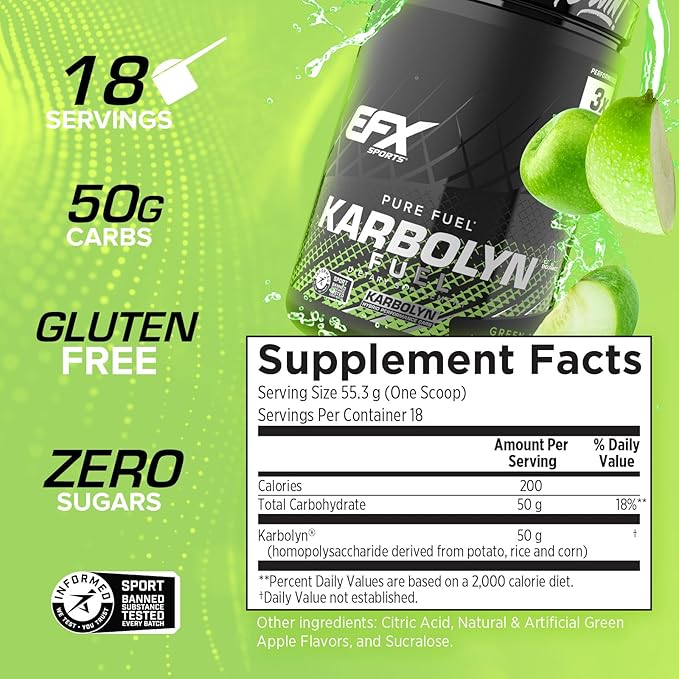 EFX Sports Karbolyn Fuel | Fast-Absorbing Carbohydrate Powder | Carb Load, Sustained Energy, Quick Recovery | Stimulant Free | 18 Servings (Green Apple)