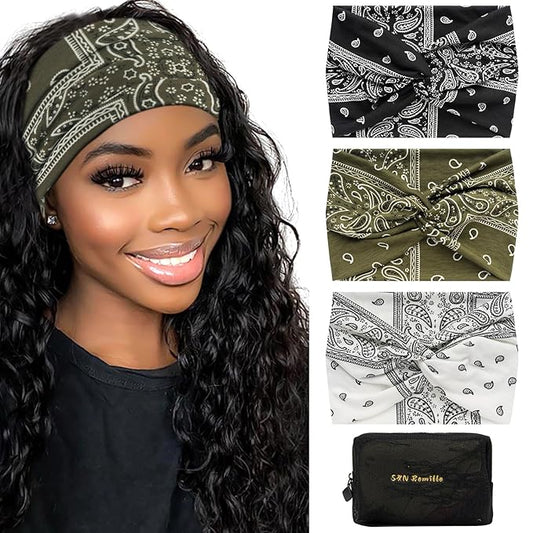 S&N Remille Wide Headbands for Women, Large Hairband, Elastic Non-Slip Headband Twist Knotted Accessories, Yoga Workout Vintage Hair 3 Pack (Colour-11)