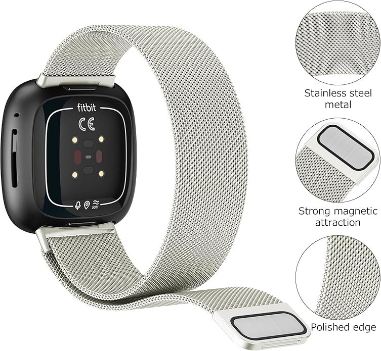 Vanjua Metal Band for Fitbit Sense 2 / Sense Bands, Fitbit Versa 4 / Versa 3 Bands Women Men, Stainless Steel Mesh Magnetic Replacement Bracelet Strap Compatible for Fitbit Sense 2 / Versa 4 Smartwatch