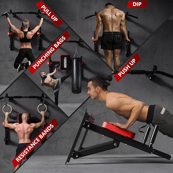 ONETWOFIT Wall Mounted Power Tower Pull Up Bar Station Workout Dip Station,Multi-Function Chin Up Bar Exercise Power Tower Set Training Equipment Support to 440Lbs