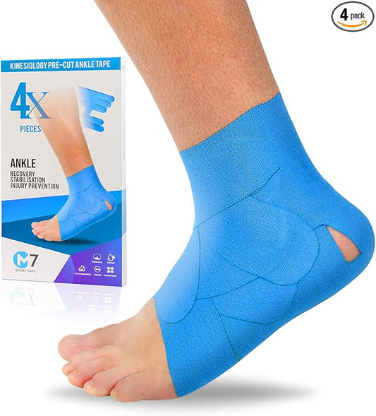 M7 Sport Kinesiology Ankle Tape for Ankle Sprain and Injury Recovery, Pain Relief Therapeutic Tape, Ankle Brace Compression Support, Plantar Fasciitis, Waterproof, Eases Swelling (Blue, 4-Pack)