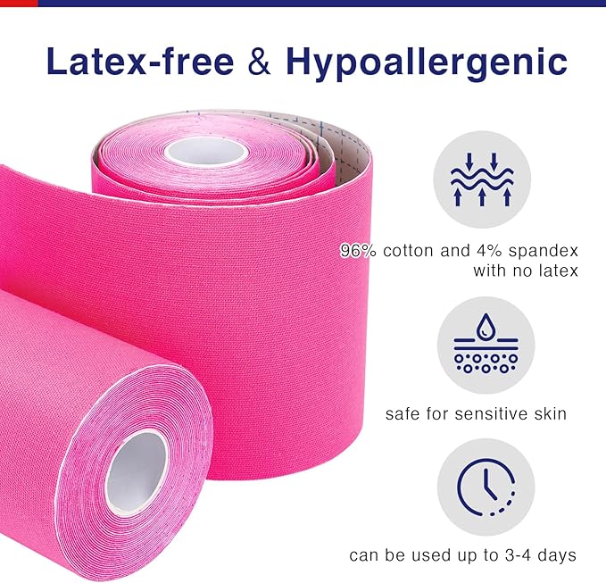 Kinesiology Tape (2 Rolls) Extra Wide 4 inch x 16.4 feet Roll,Cotton Elastic Premium Athletic Tape,Hypoallergenic and Waterproof K Tape (Pink（2 Roll + Bandage Scissors）)