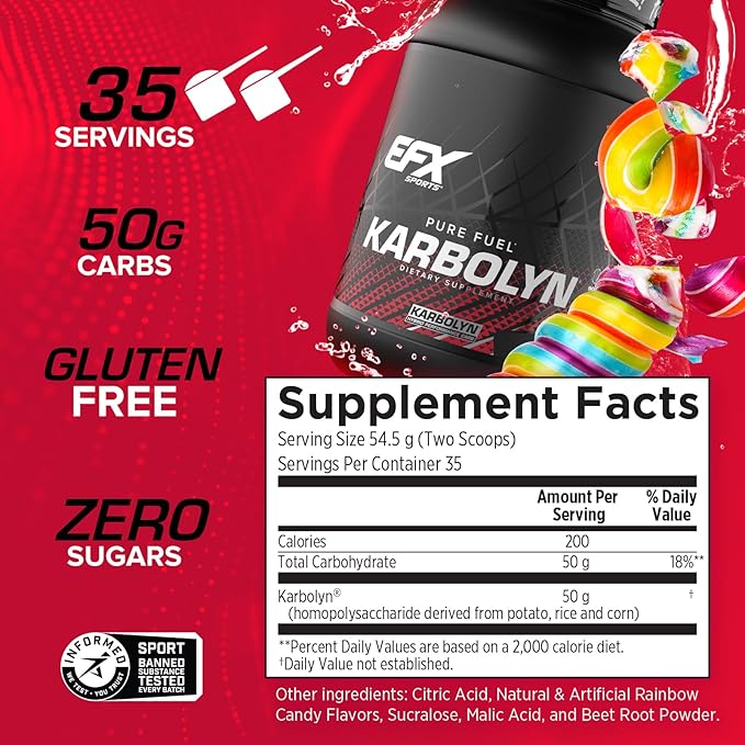 EFX Sports Karbolyn Fuel | Fast-Absorbing Carbohydrate Powder | Carb Load, Sustained Energy, Quick Recovery | Stimulant Free | 35 Servings (Rainbow Candy)