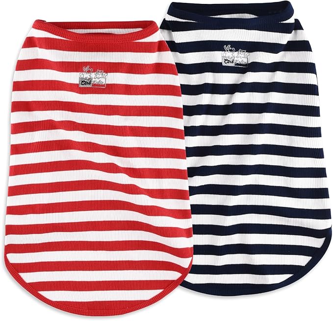 Dog Shirt Striped Clothes Stretchy Vests for Small Medium Large Dogs Boy Girl Cat Apparel Soft Cotton Puppy T-Shirts Lightweight Pet Tank Top Kitten Outfit Pack-2 Red & Blue S