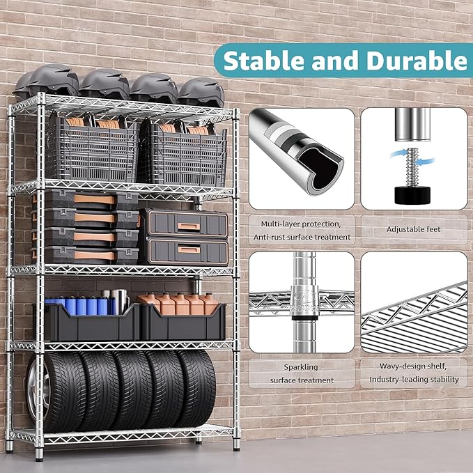 Steel Storage Shelving 5-Tier Utility Shelving Unit Steel Organizer Wire Rack for Home,Kitchen,Office,Garage, 1750 LBS Capacity 17.7" D x 47.2" W x 72.3" H