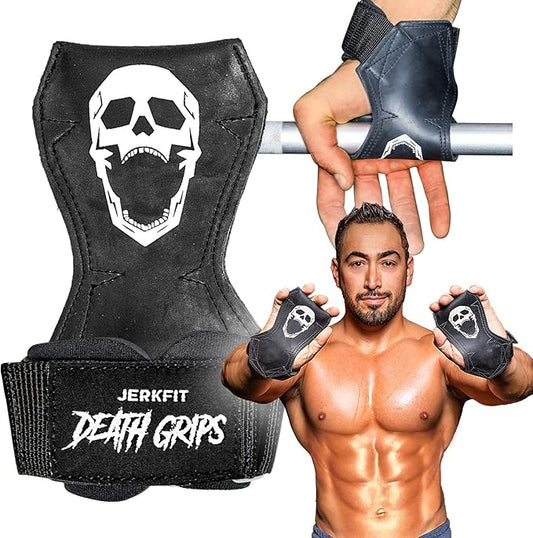 JerkFit Death Grips Premium Lifting Straps - Car Tire Grade Rubber PVC Wrist Straps for Shrugs, Pull Ups & Deadlifts with Neoprene Padded Support