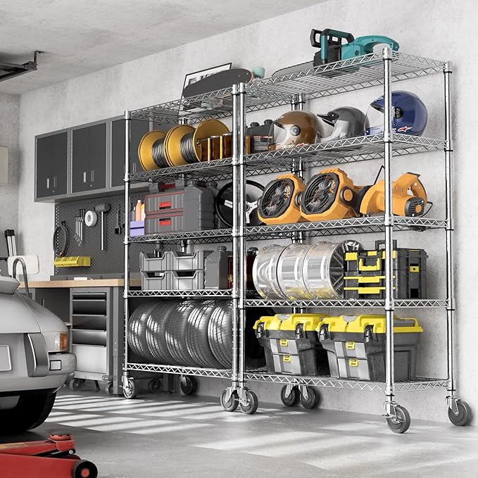 Steel Storage Shelving 5-Tier Utility Shelving Unit with Wheels, Steel Organizer Wire Rack for Home,Kitchen,Office,Garage,17.7" D x 47.2" W x 76.7" H-Chrome