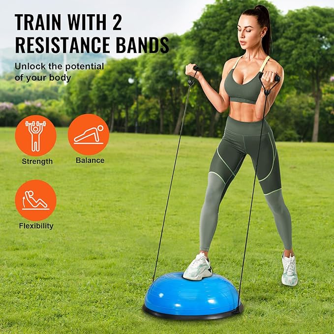 VEVOR Half Exercise Ball Trainer, 23/26 inch Balance Ball Trainer, 1500lbs Capacity Stability Ball, Yoga Ball with Resistance Bands & Foot Pump, Strength Fitness Ball for Home Gym Full Body Workout Black
