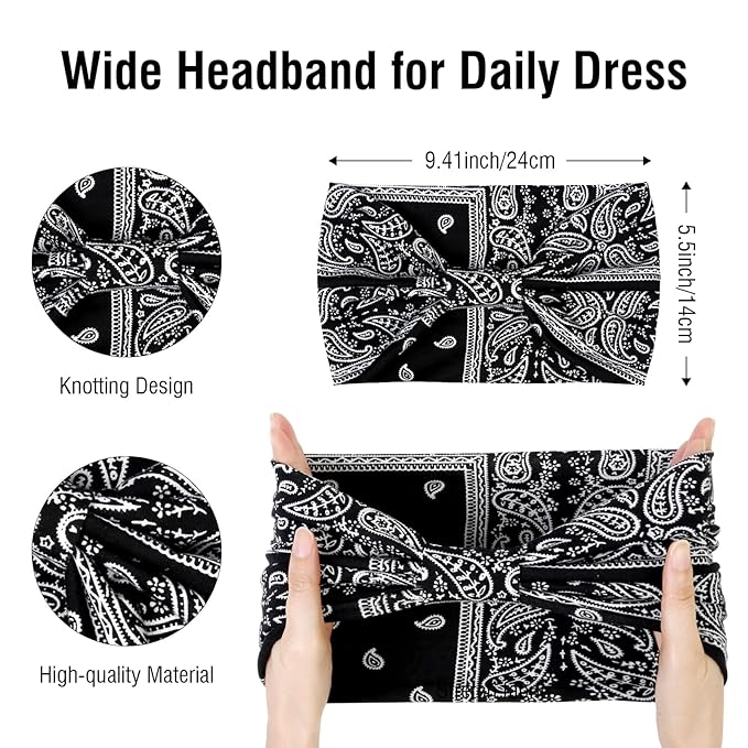 Huachi 4 Packs Thick Boho Stylish Floral Turban Wide Headbands for Women - Non Slip Hairbands for Hair, Sport, Workout, Yoga, Hair Accessories (Pack of 4)