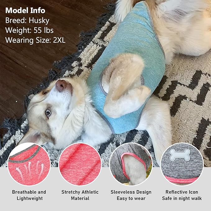 KYEESE 2 Pack Dog Shirts Quick Dry Soft Stretchy Dog T-Shirts with Reflective Label Tank Top Sleeveless Vest Sun Protection Pet Clothes for Medium Dogs, Coral Red+Grey, 2XL