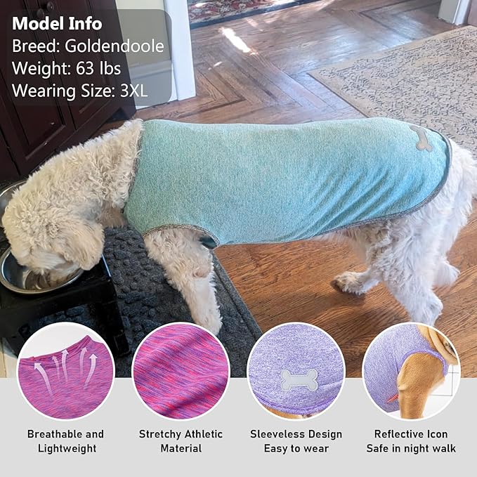 KYEESE 2 Pack Dog Shirts for Large Dogs Quick Dry Breathable Stretchy Sun Protection Pet T-Shirts with Reflective Label Tank Top Sleeveless Vest Dog Clothes, Purple+Pink, 3XL