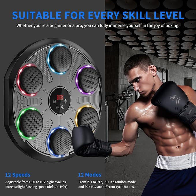 Music Boxing Machine for Adults, 2025 Smart Bluetooth Music Beat Sync Punching Machine with Gloves, 12 Speeds and 12 Modes Colorful Light Beat Resistant Target Boxing Equipment for Home Office Gym Use