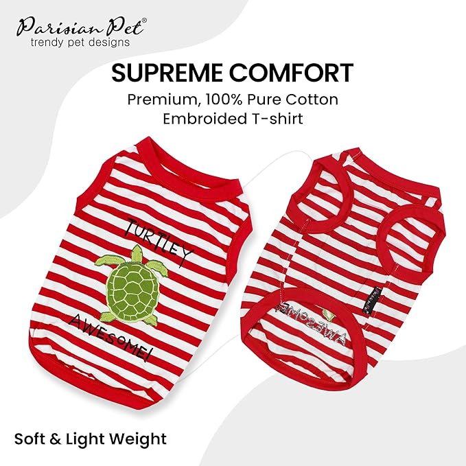 Parisian Pet Dog Tshirt - Embroidered “ Turtley Awesome! “ Dogs Apparel - Breathable and Lightweight Dog Tank Top - Sleeveless Red Doggy Tee Shirts - Machine Washable Shirts for Small Dogs - XXS