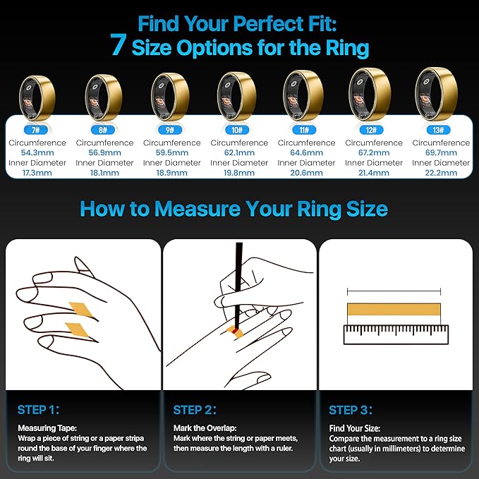 Smart Ring Health Tracker - 24/7 Fitness & Sleep Tracking with Heart Rate Monitor, IP68 Waterproof Activity Tracker for Men/Women, 50+ Workout Modes, 7-Day Battery