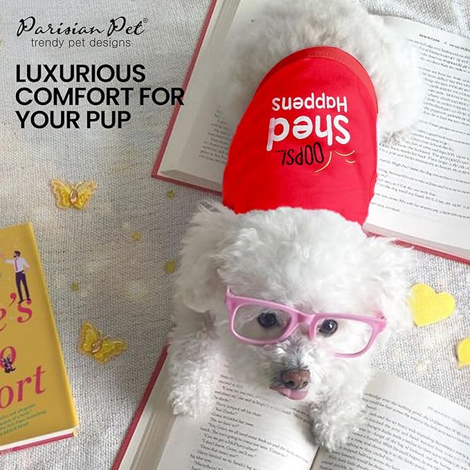 Parisian Pet Dog Tshirt - Embroidered “ Opps Shed Happens “ Dogs Clothes - Breathable and Lightweight Dog Tank Top - Sleeveless Red Doggy Tee Shirts - Machine Washable Shirts for Medium Dogs - M
