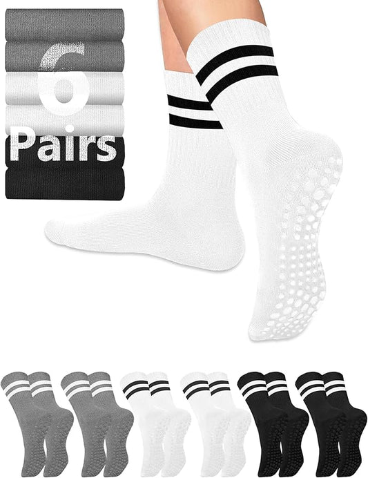AURUZA 6 Pairs Pilates Grippy Socks with Grips for Women Non Slip Skid Yoga Socks Crew Length for Ballet Home Workout
