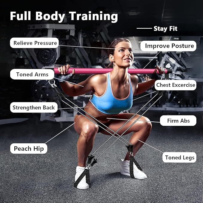 Pilates Bar Kit Perfect for Home Office Gym 4Pcs Resistance 3Pcs Adjustable 2Pcs Feet (10Pcs Set)