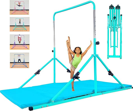 Upgrade Foldable Gymnastic Bar with Mat for Kids 3-12, 200 200 lbs