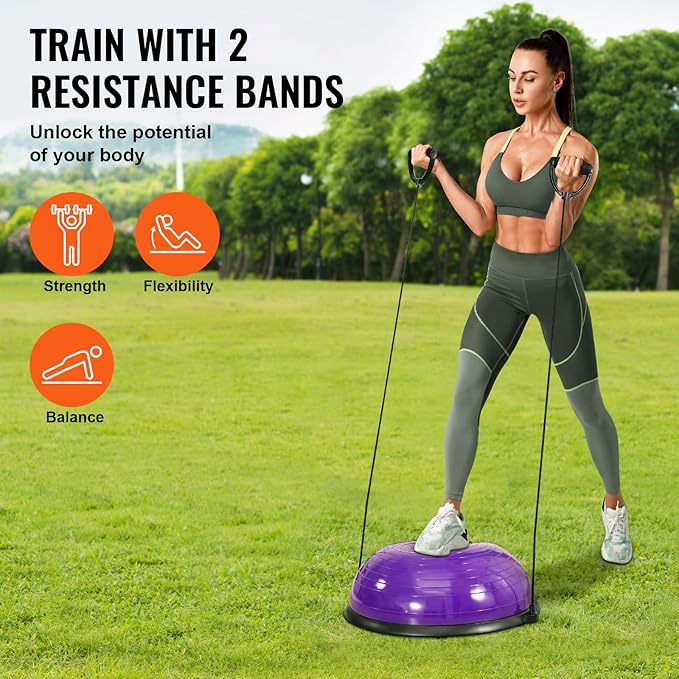 VEVOR Half Exercise Ball Trainer, 23/26 inch Balance Ball Trainer, 1500lbs Capacity Stability Ball, Yoga Ball with Resistance Bands & Foot Pump, Strength Fitness Ball for Home Gym Full Body Workout Black