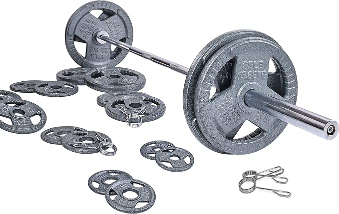 Signature Fitness Cast Iron Olympic 2-Inch Weight Plates Including 7FT Olympic Barbell, 130-Pound, 300-Pound or 325-Pound Set, Multiple Packages