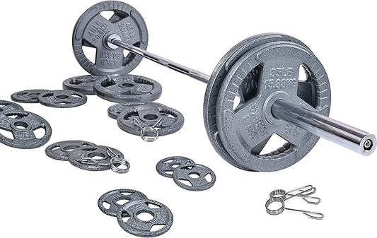 Signature Fitness Cast Iron Olympic 2-Inch Weight Plates Including 7FT Olympic Barbell, 130-Pound, 300-Pound or 325-Pound Set, Multiple Packages