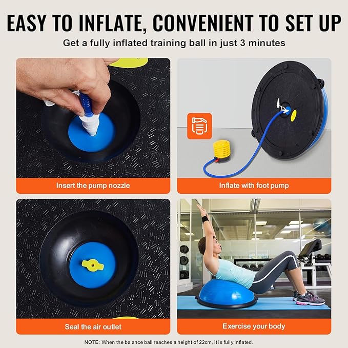 VEVOR Half Exercise Ball Trainer, 23/26 inch Balance Ball Trainer, 1500lbs Capacity Stability Ball, Yoga Ball with Resistance Bands & Foot Pump, Strength Fitness Ball for Home Gym Full Body Workout Black