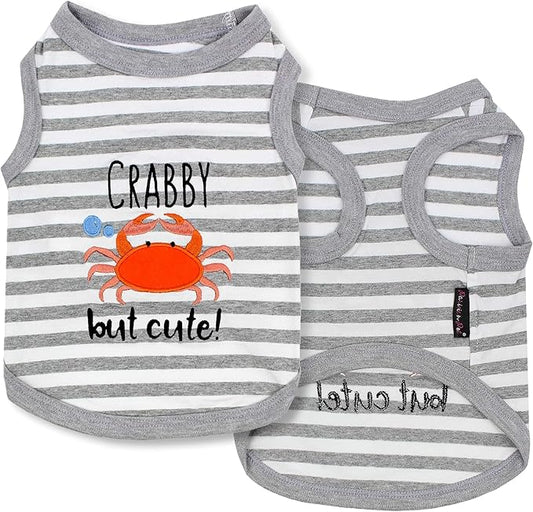 Parisian Pet Unisex Dog Tshirt - Embroidered “ Crabby but Cute“ Tank Top - Breathable and Lightweight Grey Dog Tee Shirts - Machine Washable Shirts for Small Dogs - XS