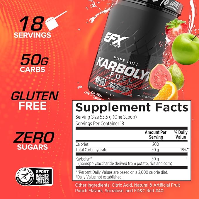 EFX Sports Karbolyn Fuel | Fast-Absorbing Carbohydrate Powder | Carb Load, Sustained Energy, Quick Recovery | Stimulant Free | 18 Servings (Fruit Punch)