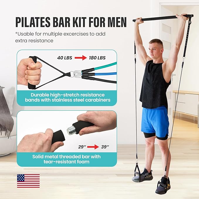 Upgraded Pilates Bar Kit – 39” Adjustable Exercise Equipment for Men, Women with 6X 20, 30, 40 lbs Resistance Bands with Adjustment Buckle – Pilates Equipment for Home Workouts for All Fitness Levels
