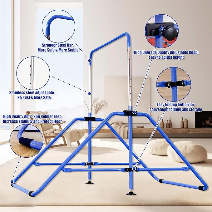 Upgrade Foldable Gymnastic Bar with Mat for Kids 3-12, 200 200 lbs
