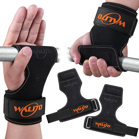 WALITO Weight Lifting Wrist Straps (Pair),Double Layer Leather Grips for Deadlift,Powerlifting and Gym Workouts, Adjustable Neoprene Padded Wrist Wraps - Men/Women, Heavy Duty Support