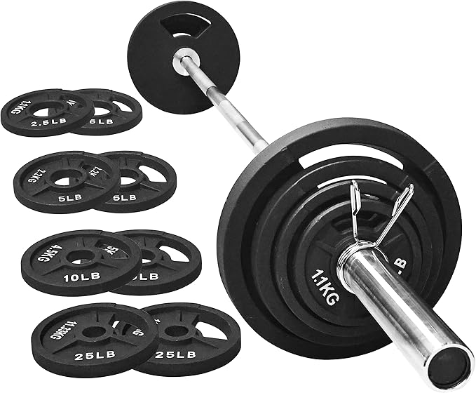 Signature Fitness Cast Iron Olympic 2-Inch Weight Plates Including 7FT Olympic Barbell, 130-Pound, 300-Pound or 325-Pound Set, Multiple Packages