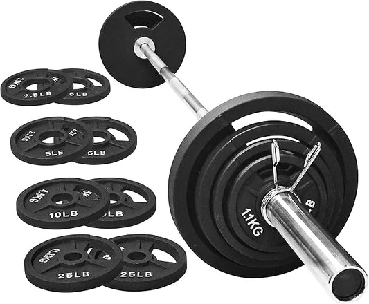 Signature Fitness Cast Iron Olympic 2-Inch Weight Plates Including 7FT Olympic Barbell, 130-Pound, 300-Pound or 325-Pound Set, Multiple Packages