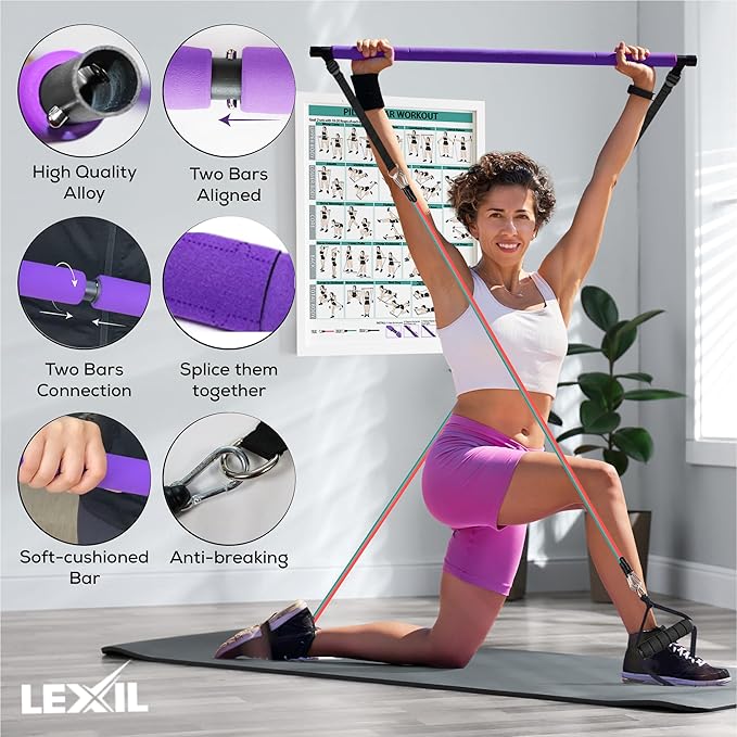 LEXIL Portable Pilates Bar Exercise Kit-Stackable 3 Pairs (15, 20, 20, 30LB) 30LB) -