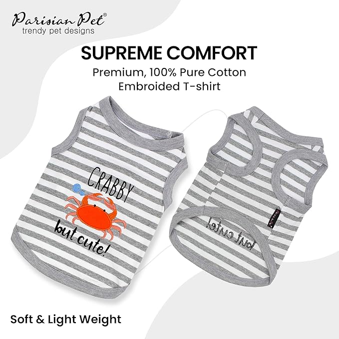Parisian Pet Unisex Dog Tshirt - Embroidered “ Crabby but Cute“ Tank Top - Breathable and Lightweight Grey Dog Tee Shirts - Machine Washable Shirts for Small Dogs - XS