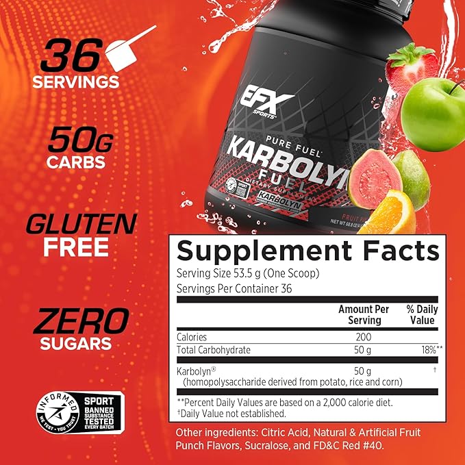 EFX Sports Karbolyn Fuel | Fast-Absorbing Carbohydrate Powder | Carb Load, Sustained Energy, Quick Recovery | Stimulant Free | 36 Servings (Fruit Punch)