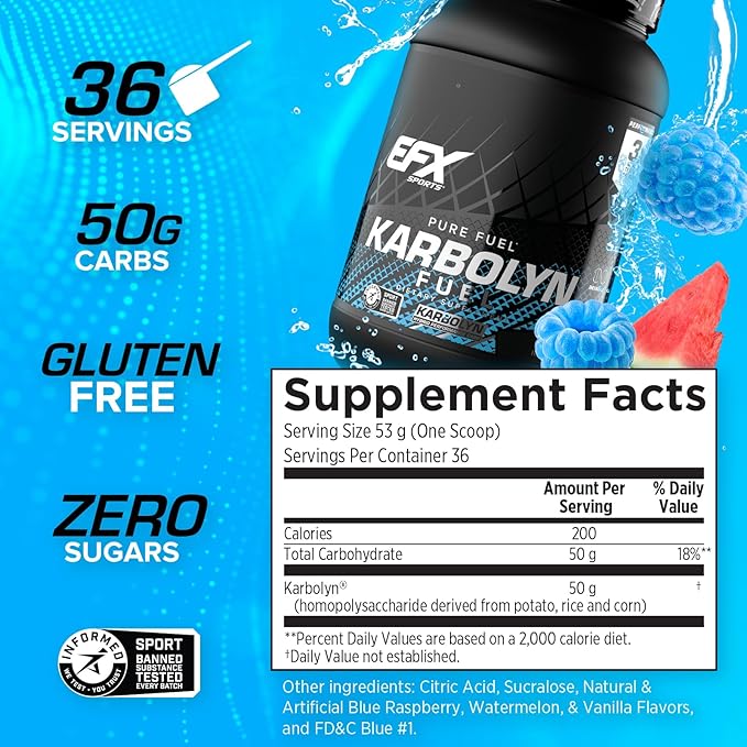 EFX Sports Karbolyn Fuel | Fast-Absorbing Carbohydrate Powder | Carb Load, Sustained Energy, Quick Recovery | Stimulant Free | 36 Servings (Blue Razz Watermelon)