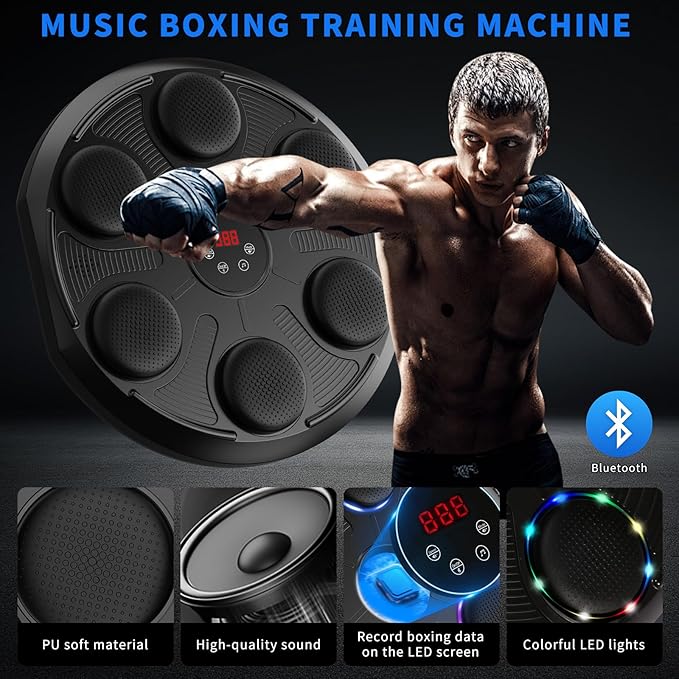 Music Boxing Machine for Adults, 2025 Smart Bluetooth Music Beat Sync Punching Machine with Gloves, 12 Speeds and 12 Modes Colorful Light Beat Resistant Target Boxing Equipment for Home Office Gym Use