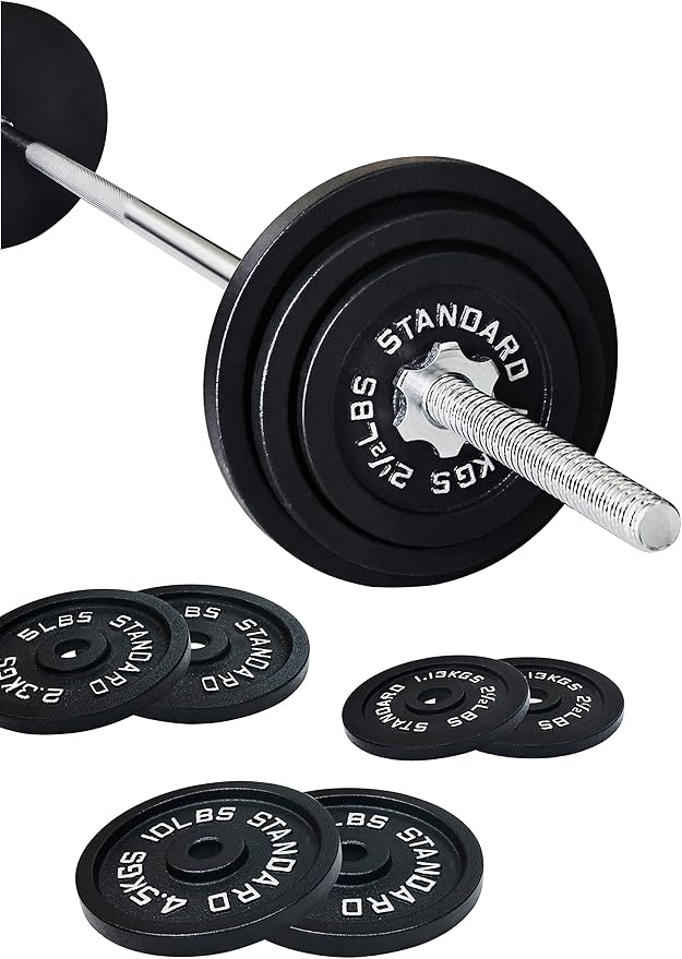 Signature Fitness Cast Iron Standard Weight Plates Including 5FT Standard 45-Pound Set (35 Pounds 10 Pounds