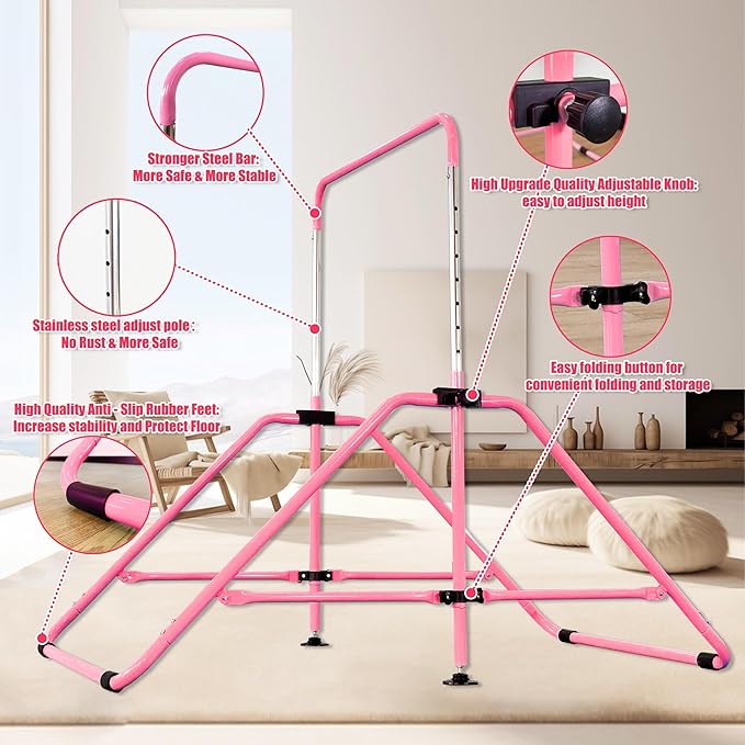 Upgrade Foldable Gymnastic Bar with Mat for Kids 3-12, 200 200 lbs