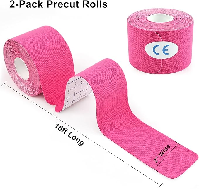 MUEUSS Kinesiology Tape Elastic Cotton Athletic Tape Precut Strips,Waterproof Tape for Protects Muscles,Knees,Shoulders Plantar Fasciitis Pain Relief,Pregnancy Belly Tape (2rolls Pink&Beige)