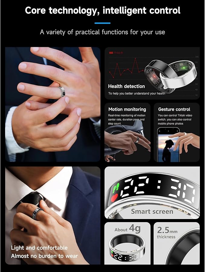 Yoidesu Smart Ring, Health Tracker with Display, Fitness Tracker, Heart Rate & Sleep Monitor, Pedometer, IP68 Waterproof, Charging Case (12)