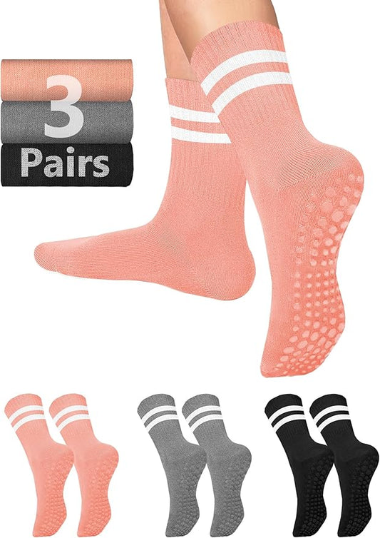 AURUZA 6 Pairs Pilates Grippy Socks with Grips for Women Non Slip Skid Yoga Socks Crew Length for Ballet Home Workout
