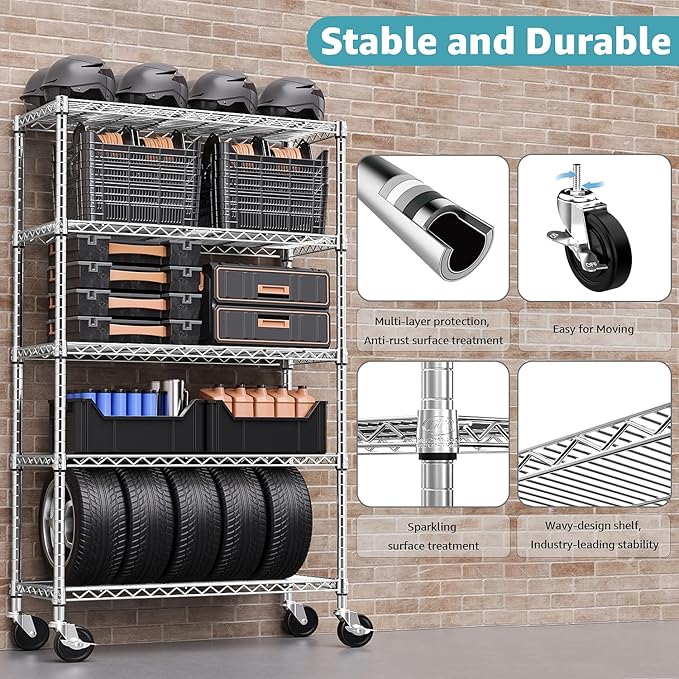 Steel Storage Shelving 5-Tier Utility Shelving Unit with Wheels, Steel Organizer Wire Rack for Home,Kitchen,Office,Garage,17.7" D x 47.2" W x 76.7" H-Chrome