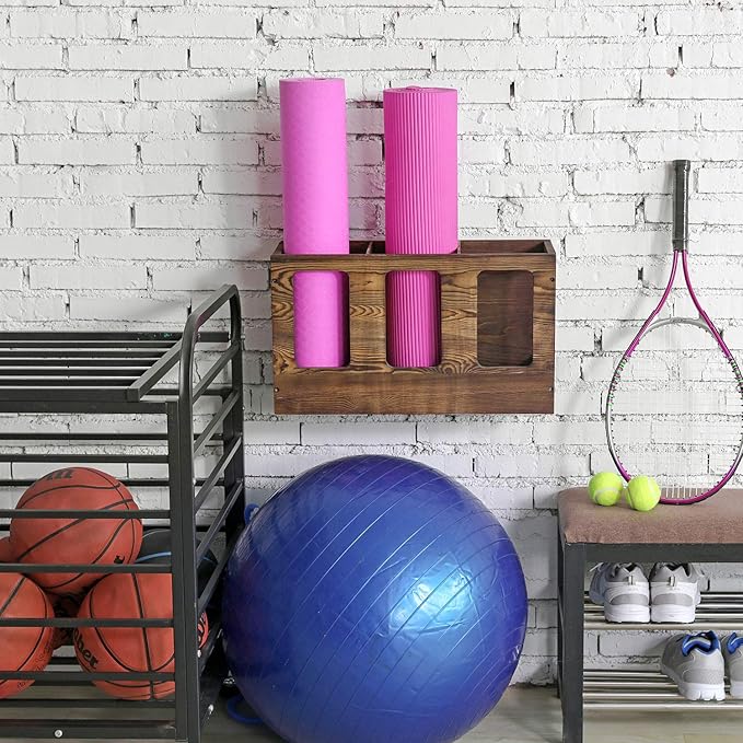 MyGift Wall Mounted Vintage Gray Solid Wood Yoga Mat Holder Fitness Gym Foam Roller Storage Organizer, Floor Standing Sports Exercise Mat Rack