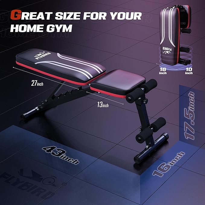 FLYBIRD Adjustable Weight Bench Workout Bench for Home Gym, 15 Degree Decline Sit-Up, Sturdy Durable Folding Weight Bench for Years of Workout -FBGEAR23