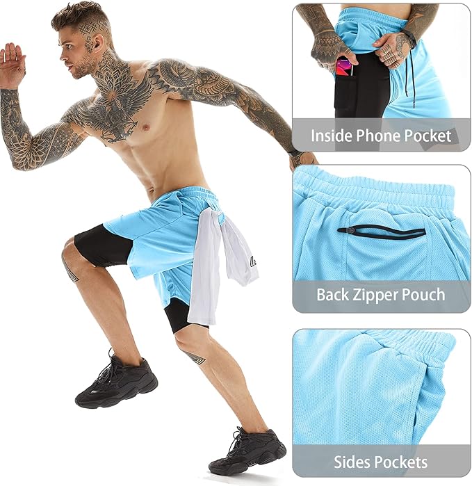 OEBLD Mens Athletic Shorts 2-in-1 Gym Workout Running 7'' Shorts with Towel Loop
