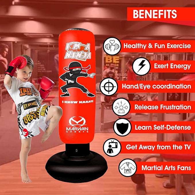 Durable Inflatable Kids Punching Bag for Karate and Boxing – Bounce-Back Martial Arts Bag for Boys and Girls, Great Birthday Gift to Relieve Energy and Build Skills for Boys Ages 4-12